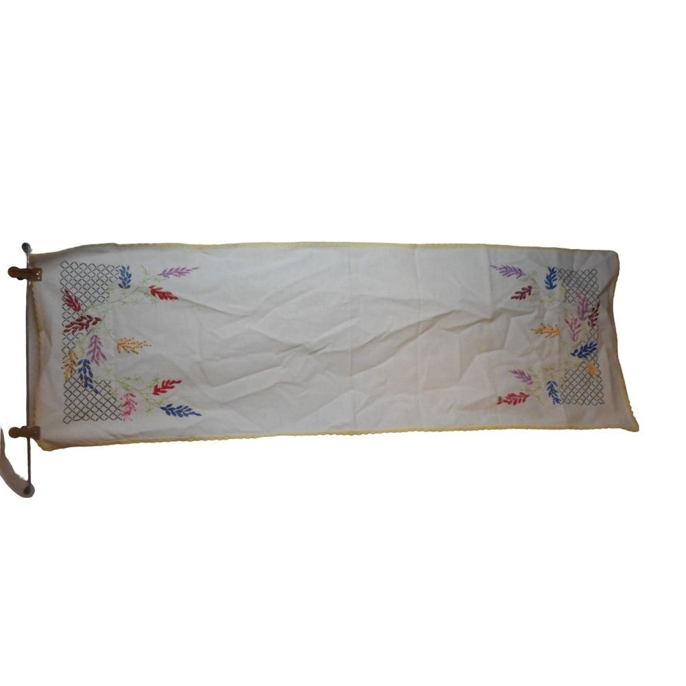 Large Vintage hand embroidered floral yellow Lace Dresser scarf runner